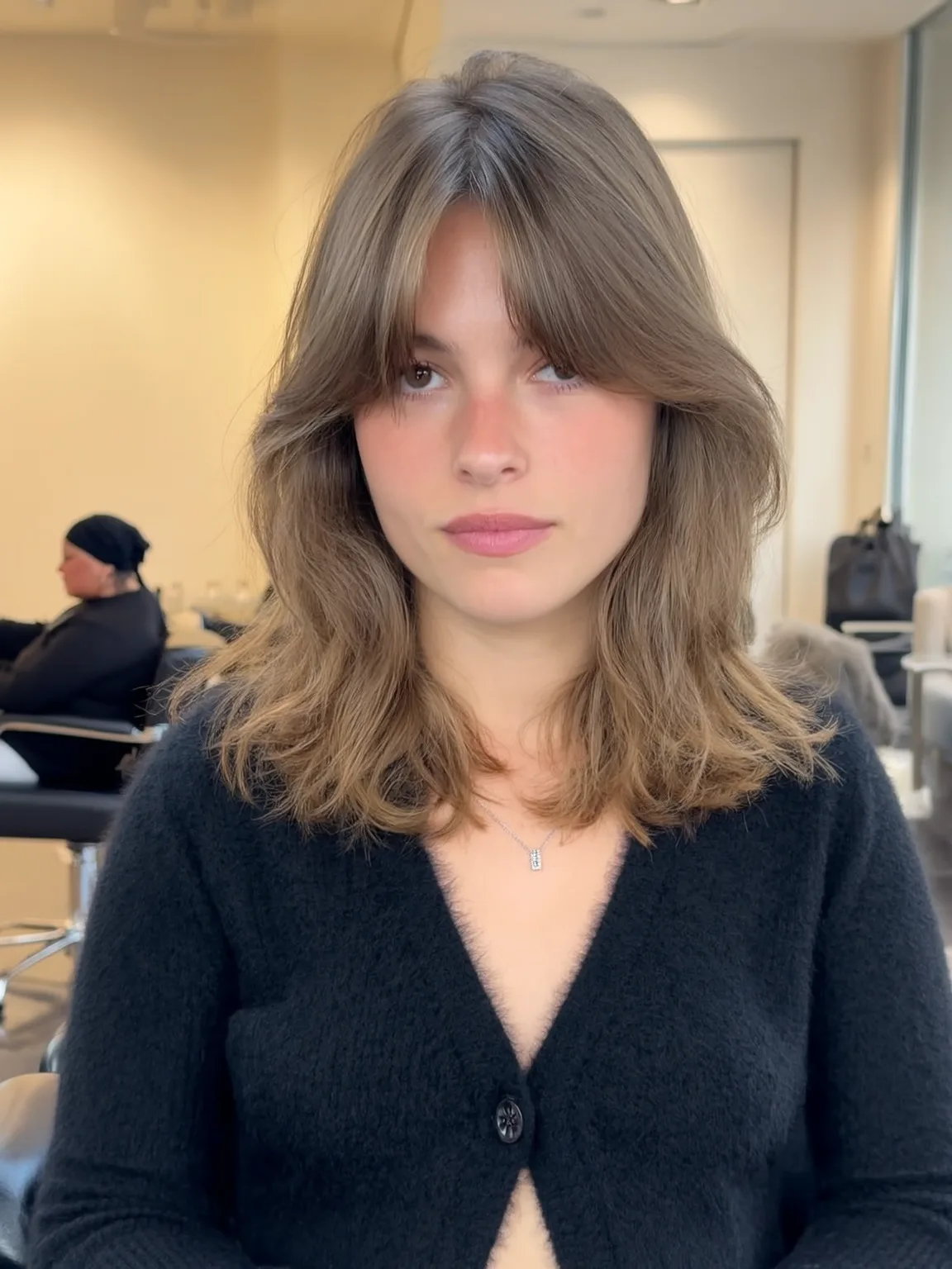 Soft Wavy Layers with Curtain Bangs in Chocolate Brown